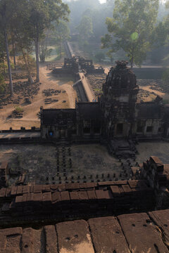 High angle view of ancient temple ruins at sunrise