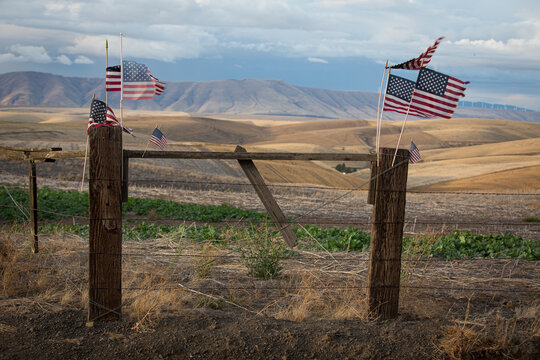 Waving American flags on a rustic country fence