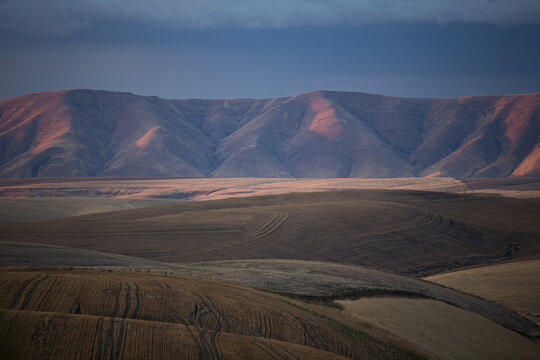 Golden hour light on distant mountains over rolling farmland