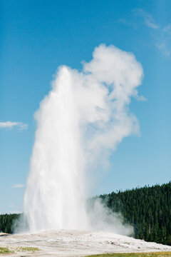 Old Faithful geyser erupting into a blue sky