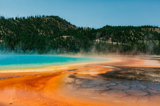 Steaming Grand Prismatic Spring in Yellowstone