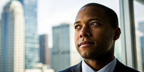 Fototapeta premium Diverse executive leadership global concept. Confident African American businessman in suit looking away with urban cityscape background.