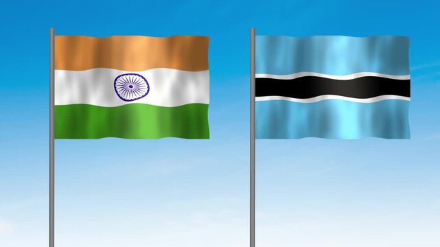 Flag of Botswana and India, Pole flag of Botswana and India on clear sky background. Botswana and India flag waving. 
