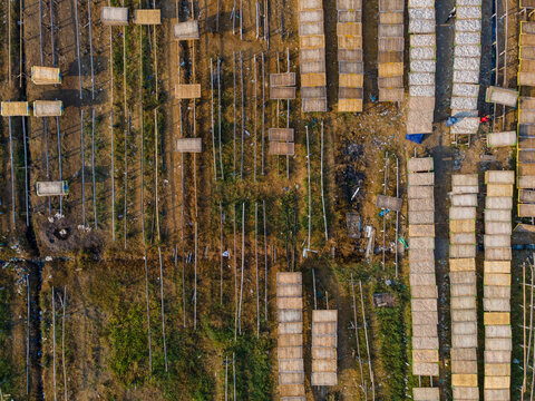 Aerial view of workers drying fish on wooden racks in an open field in Cilacap Regency, Central Java, Indonesia.
