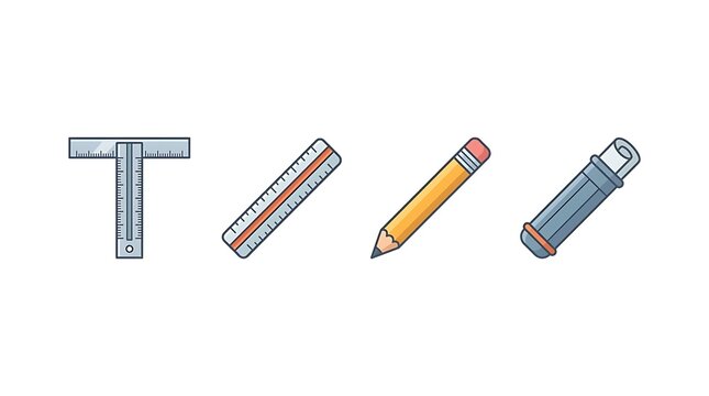 Architectural drafting tools including rulers and utility knife.