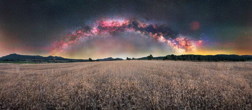 Colourful Milky Way galaxy arching over a golden wheat field