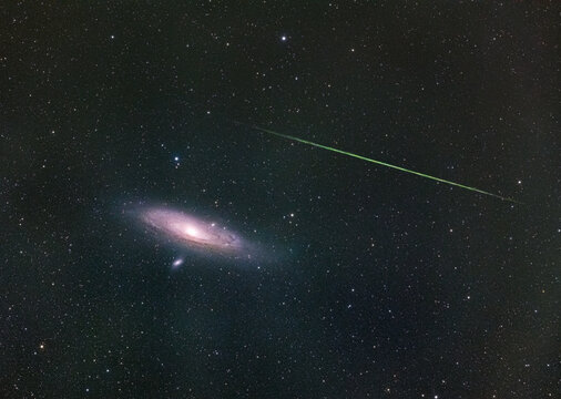 Andromeda Galaxy and Green Perseid Meteor in Night Sky - M 31