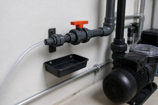 Public pool water quality testing feed line entering a closed injection fitting