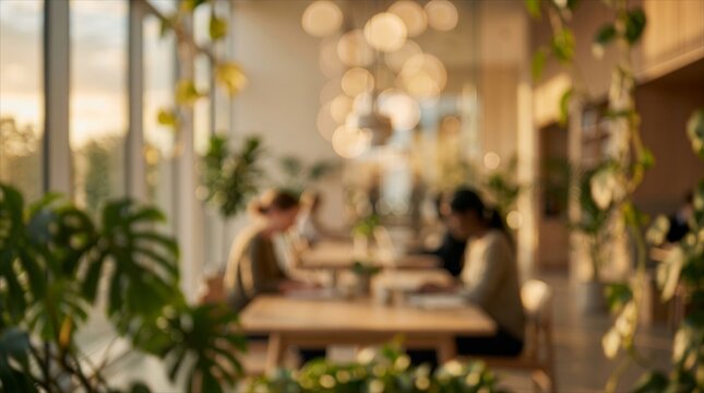 Blurred modern eco-friendly coworking space interior with people working at wooden tables and lush green plants - perfect as a professional virtual background, website header, and copy space banner fo