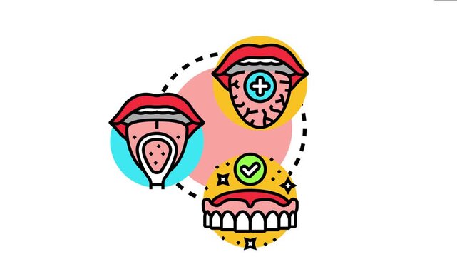 Oral cavity cleaning practice involving symptoms of poor hygiene, tongue scraping, and achieving good dental health with shining teeth and a clean tongue surface