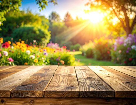 A rustic wooden table in the foreground with a vibrant garden blooming in the background under a bright, sunny sky.