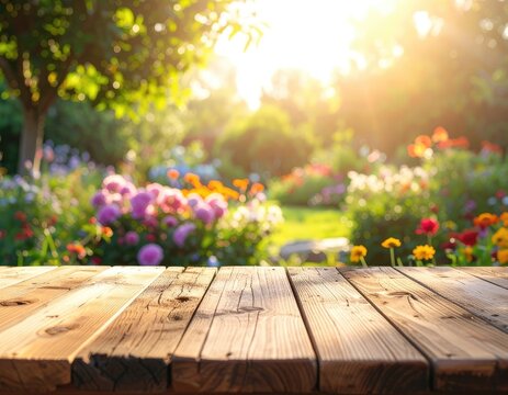 A rustic wooden table in the foreground overlooks a vibrant garden in bloom, bathed in warm, golden sunlight.
