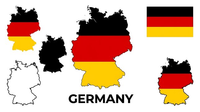 Set of germany map outline silhouette and flag shape isolated on white background