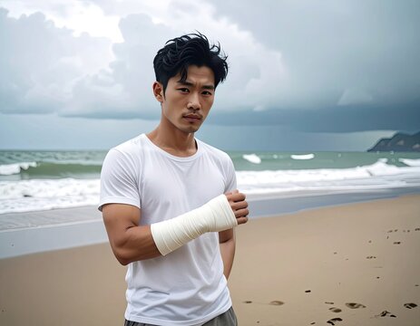 A man with a bandaged arm stands on a beach with the ocean in the background.