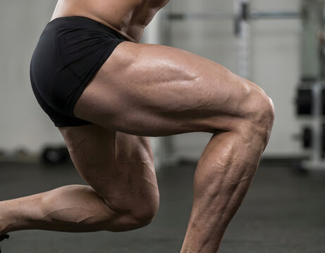 Close up of a muscular athlete doing lunges in a gym, focusing on powerful leg muscles, quads, and definition. Perfect for fitness, bodybuilding, and workout motivation concepts.