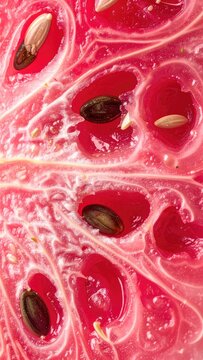 Macro photograph of the juicy interior of a watermelon with visible seeds.