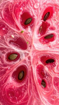 Extreme close-up of a bright pink watermelon slice revealing its seeds and juicy texture.