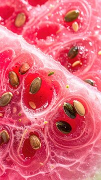 A macro photograph showcases the intricate details of a watermelon's vibrant red flesh, studded with dark seeds.