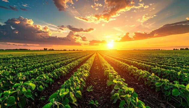 Rows of green crops stretch towards a vibrant sunset over a vast field.