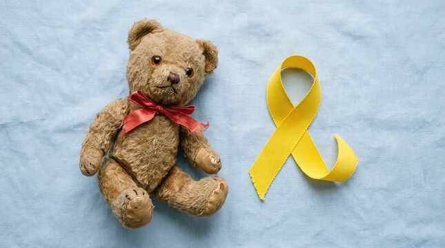 An antique teddy bear is displayed with a vibrant red ribbon and a cheerful yellow ribbon bow against a pale light blue backdrop inspiring feelings