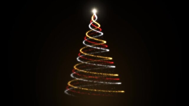 Spiral of golden particles building a Christmas tree shape with a star on black background, holiday tree overlay