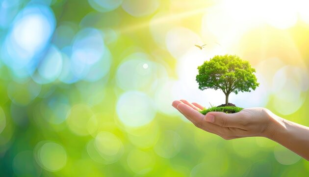 A hand holding a young tree with green leaves, representing growth and nature.