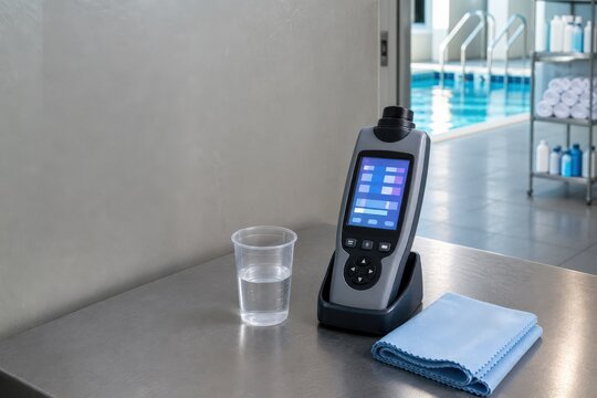 Public pool water quality testing meter beside a calibration cup and lint-free cloth