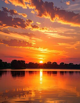 Vibrant sunset over a tranquil lake, casting a golden reflection.