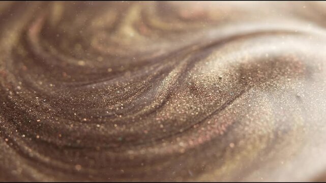 Luxury cosmetics pearl pigments shimmer through a smooth, muted bronze liquid medium, producing