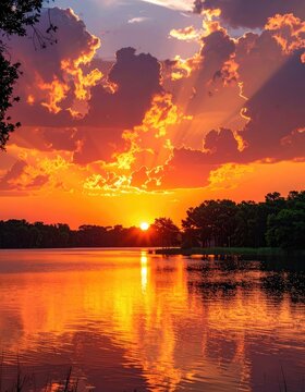 Dramatic sunset over a tranquil lake with vibrant clouds reflecting on the water's surface.