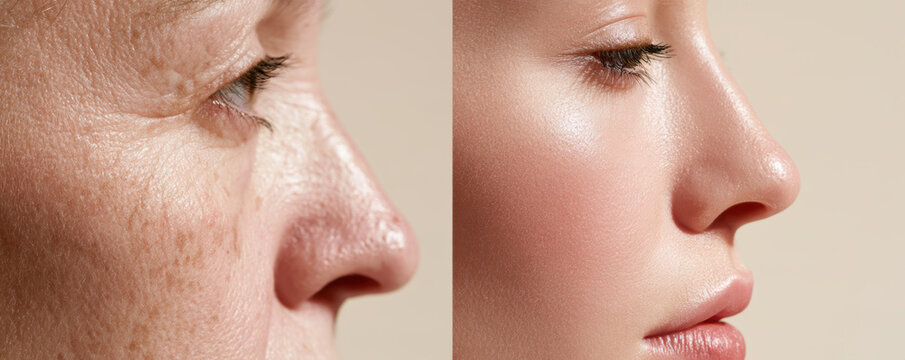 Close up of aged skin and smooth youthful skin side by side showing skin texture difference and beauty contrast