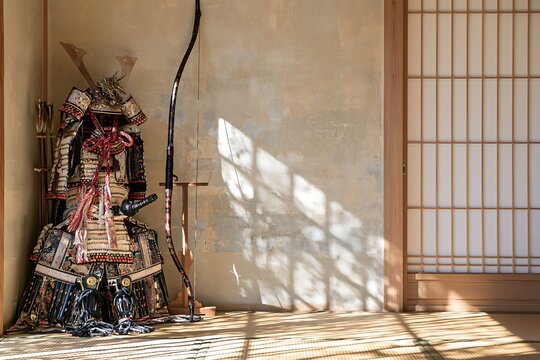 Traditional Japanese samurai armor and longbow placed in a historic washitsu room with shoji screen, natural morning sunlight casting dramatic window shadows with copy space
