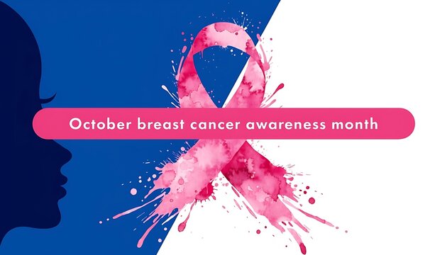 Pink watercolor ribbon with woman silhouette for breast cancer awareness