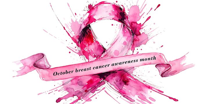 Watercolor pink ribbon symbol for breast cancer awareness month with womens health