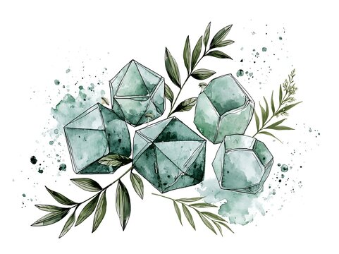 Watercolor polyhedral RPG dice set with elegant green botanical leaves, isolated on white background with artistic ink splatters for fantasy tabletop gaming and stationery design
