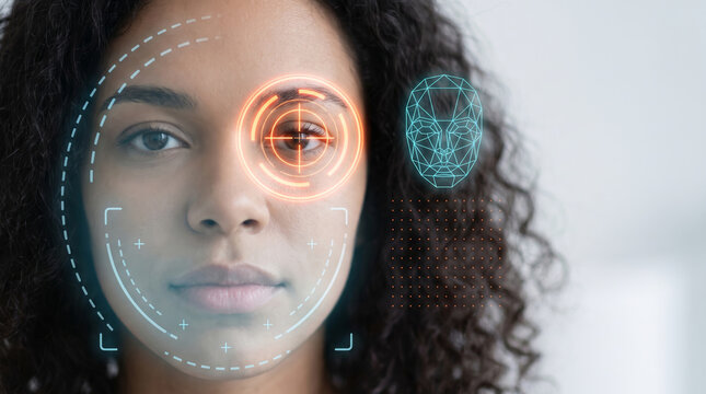 Biometric face scanner confirms identity with digital facial recognition. Facial recognition identification system. cyber security privacy protection safety, person access verification