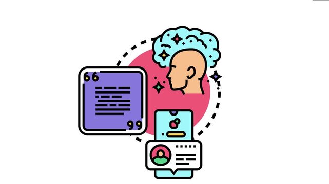 Head with a bright cloud brain generating inspiring thoughts, shown alongside a quote box and mobile phone messaging app, symbolizing creative motivation and digital communication