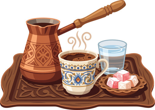 Traditional Turkish Coffee Set with Cezve Pot Fincan Cup and Sweet Turkish Delight on Wooden Tray Vector Illustration