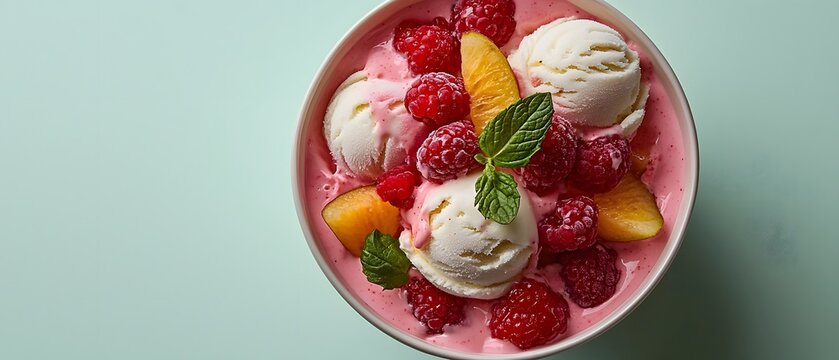 Top view of bowl of�ice cream�balls with�fruits.
