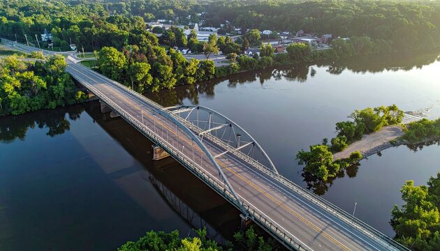 An aerial view captures a bridge spanning across a wide river.
