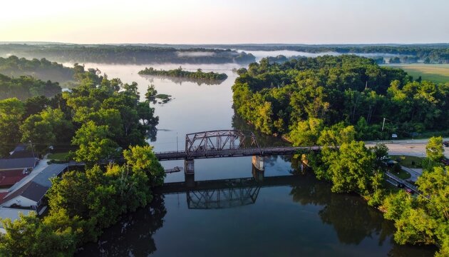 An aerial view of a rural landscape with a river and bridge at sunrise.