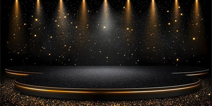 Black podium with spotlight and gold glitter.