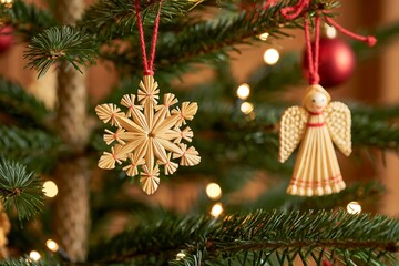Obraz premium Traditional straw star and angel ornaments hanging on evergreen Christmas tree branches with red cords, warm glowing lights, and festive holiday decoration