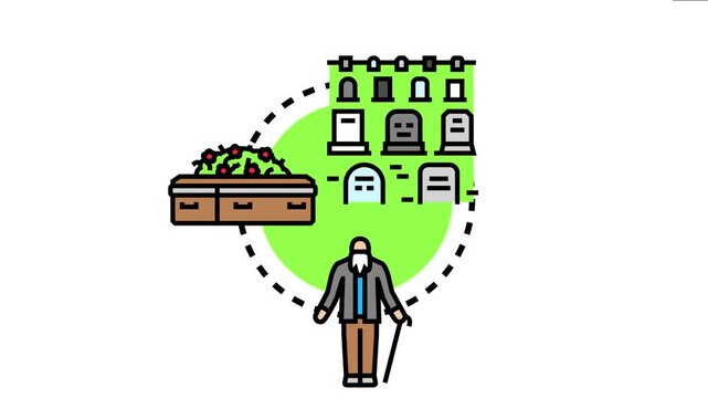 Mortuary displaying an elderly man, a casket with flowers, and various gravestones within a cemetery, concepts of burial, memorial service, and end of life