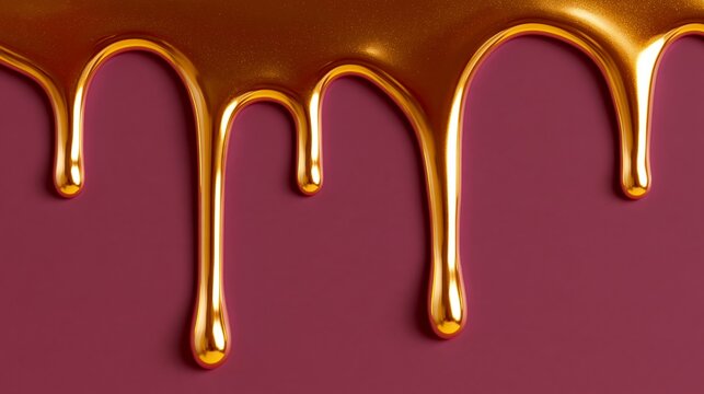 Thick metallic gold liquid dripping in smooth rounded streams over a deep burgundy surface, creating glossy highlights and flowing vertical forms in an abstract macro composition