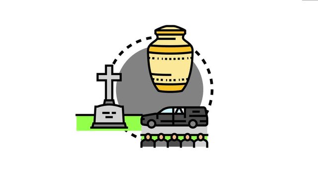 Mortuary services concept presenting cremation urn, gravestone monument, and a funeral ceremony with mourners and a hearse