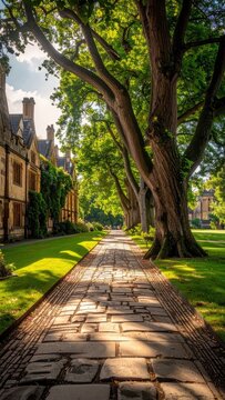A picturesque paved walkway winds through a sun-dappled park lined with mature trees and historic buildings.