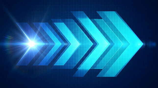 Abstract Blue Arrows Forward Motion: A dynamic abstract graphic featuring glowing blue arrows arranged in a forward-moving formation, suggesting progress, speed.