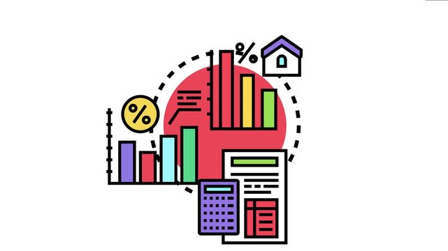 Mortgage rate adjustment cycle concept changing loan interest with bar charts, a calculator, a document, and a house icon, symbolizing financial planning and housing finance