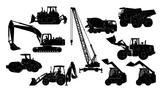 Industrial Construction Vehicle Silhouette Vector Collection for Engineering and Infrastructure